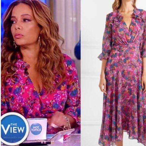 Saloni Edith Pink Floral V-Neck Midi Dress Silk Ruffle Size 0 Women's Preowned - Picture 3 of 15